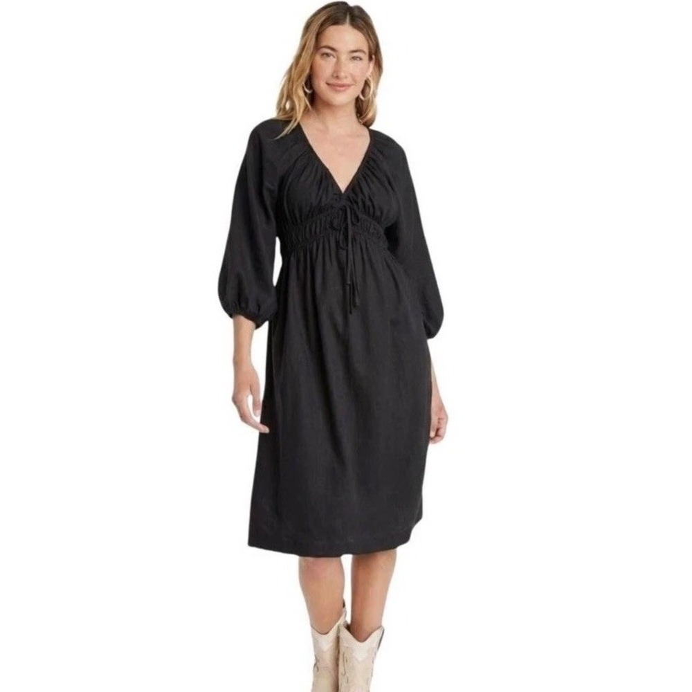 Universal threads women's black 3/4 sleeve dress V-neck pockets XL Peasant Witch
